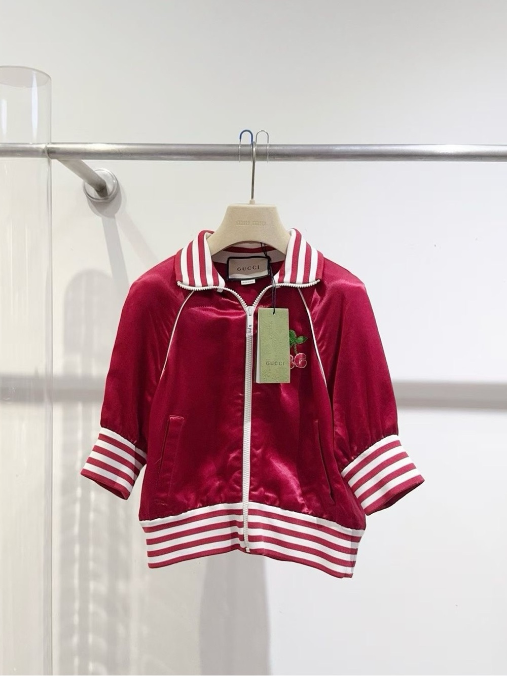 Gucci Pink Velvet Kids Zip Jacket with Stripe Trim